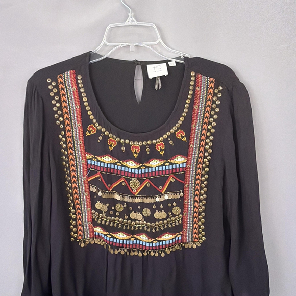 HD In Paris Anthropologie Top Womens 12 Black Embroidered Tunic Boho Crinkle - Picture 6 of 11